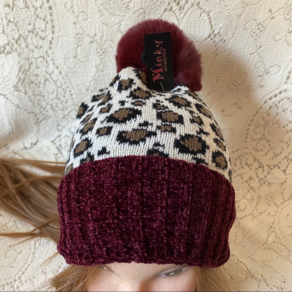 Burgundy Trim Pom Pom Leopard Knit Beanie